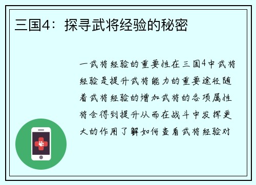 三国4：探寻武将经验的秘密